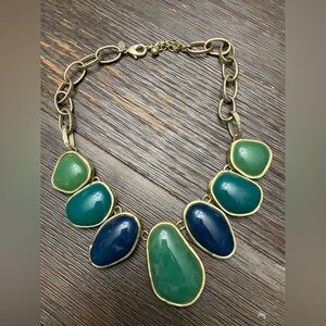 Chico's Green & Blue Faux Stone Fashion Statement Necklace Gold Tone Signed!